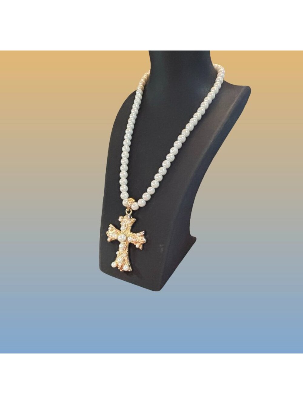 Faux Pearl Gold Tone Rhinestone Cross Necklace Gothic Statement Vintage Style